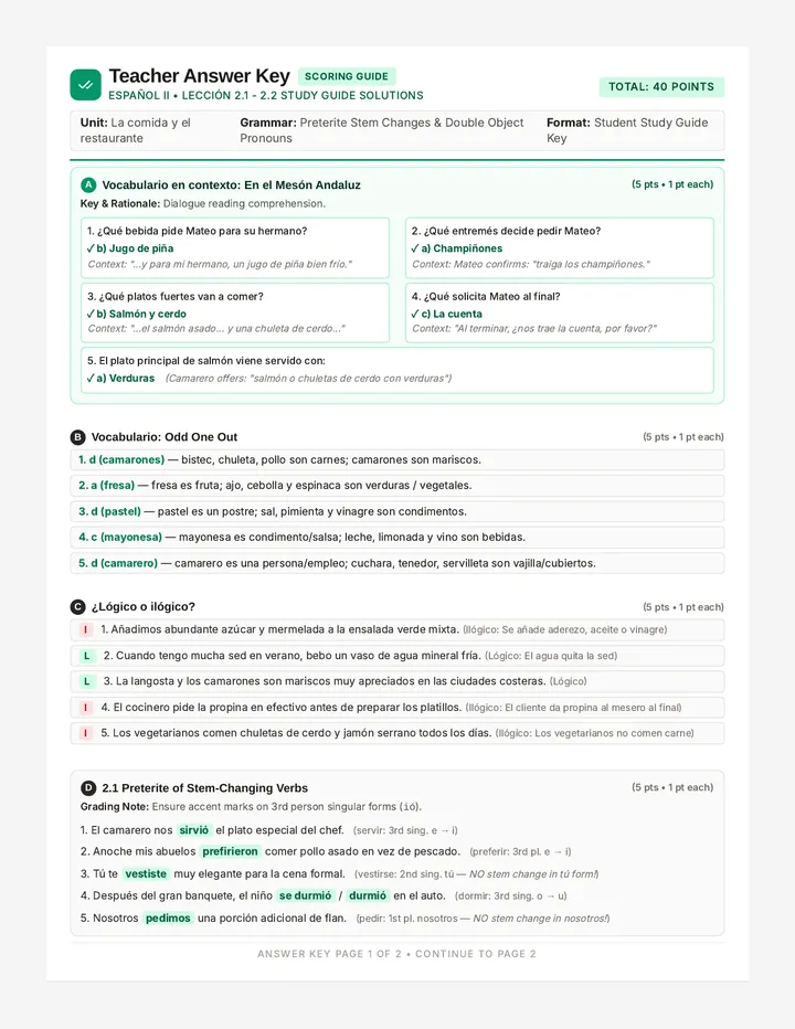 Comida Deliciosa Answer Key