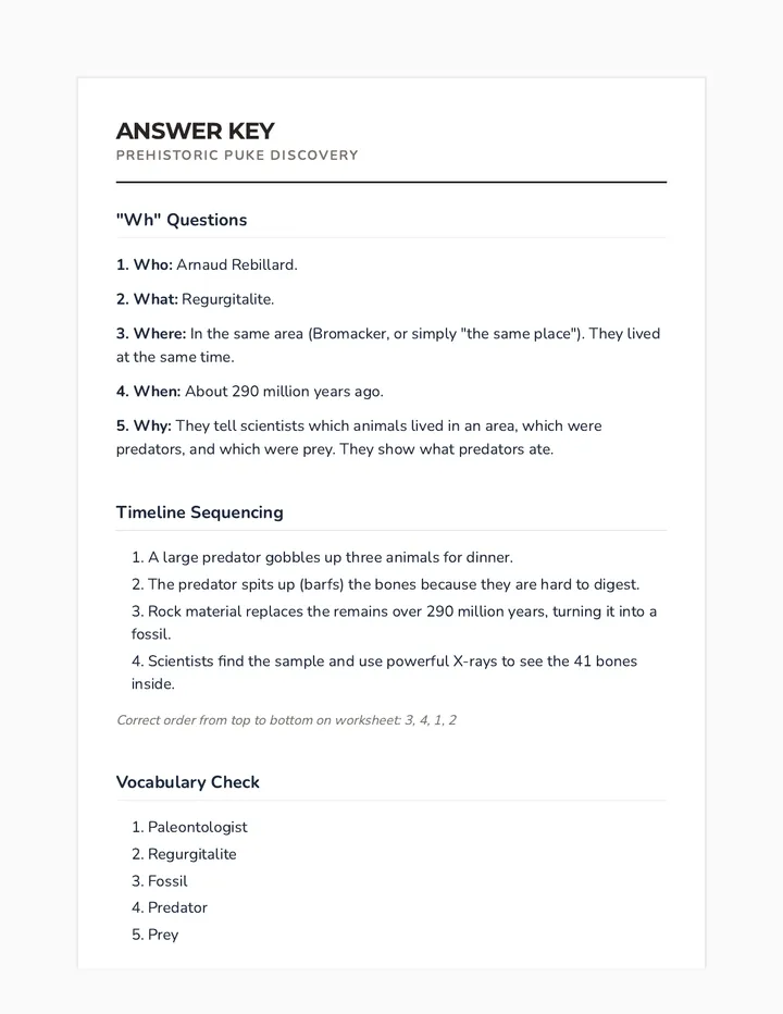 Prehistoric Puke Answer Key