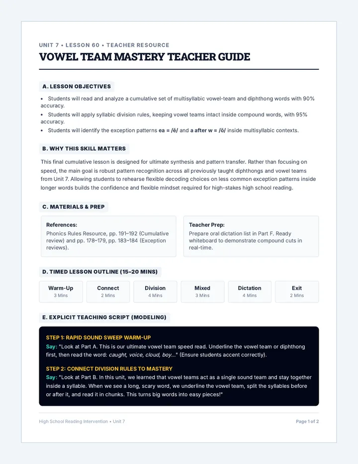 Vowel Team Mastery Teacher Guide
