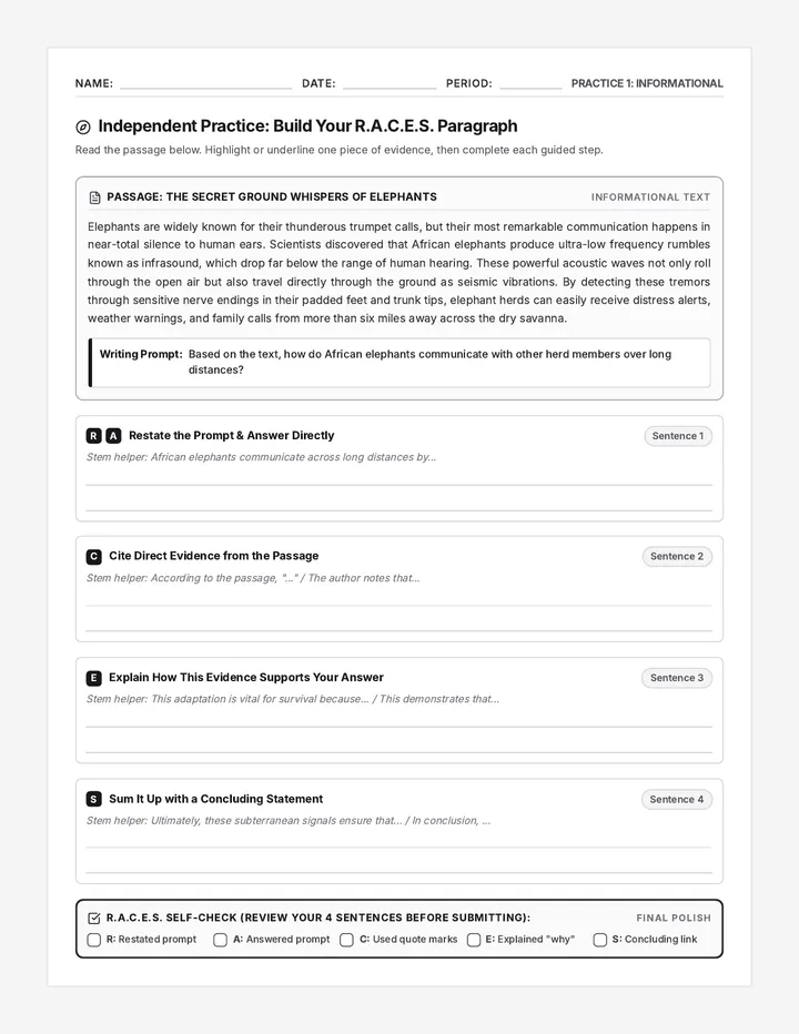 Elephant Infrasound RACES Worksheet