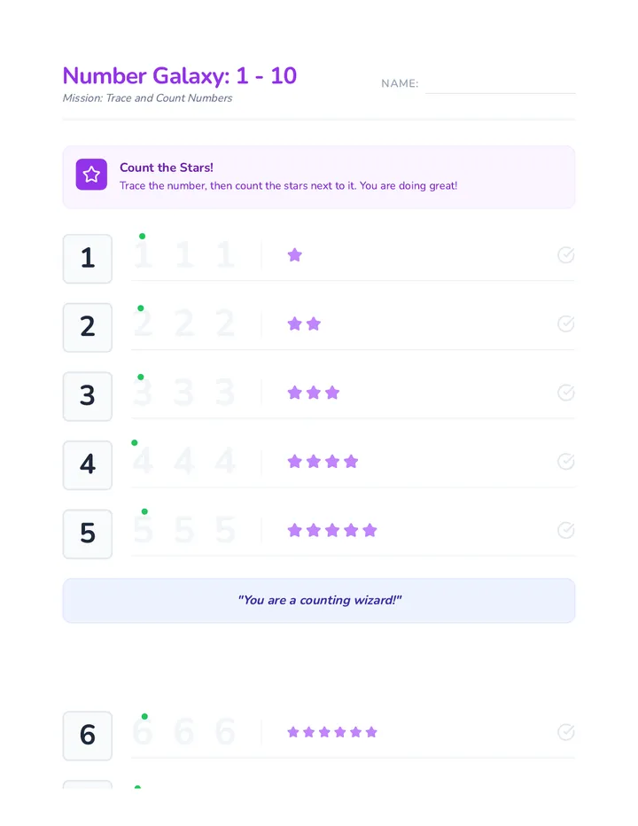 Number Galaxy 1-10 Worksheet
