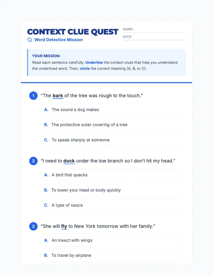 Context Clue Quest Worksheet