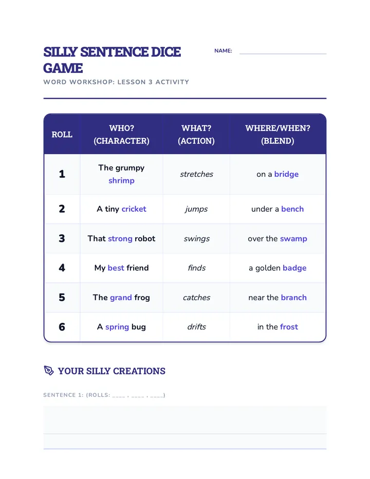 Silly Sentence Dice Game Worksheet