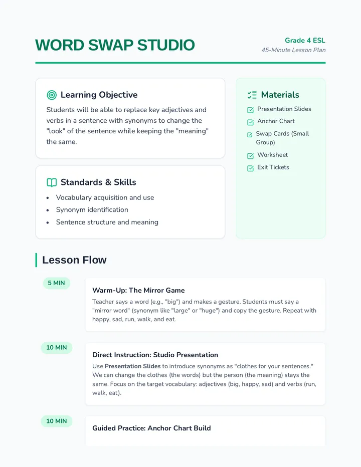 Word Swap Teacher Guide