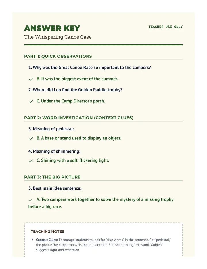 Whispering Canoe Answer Key