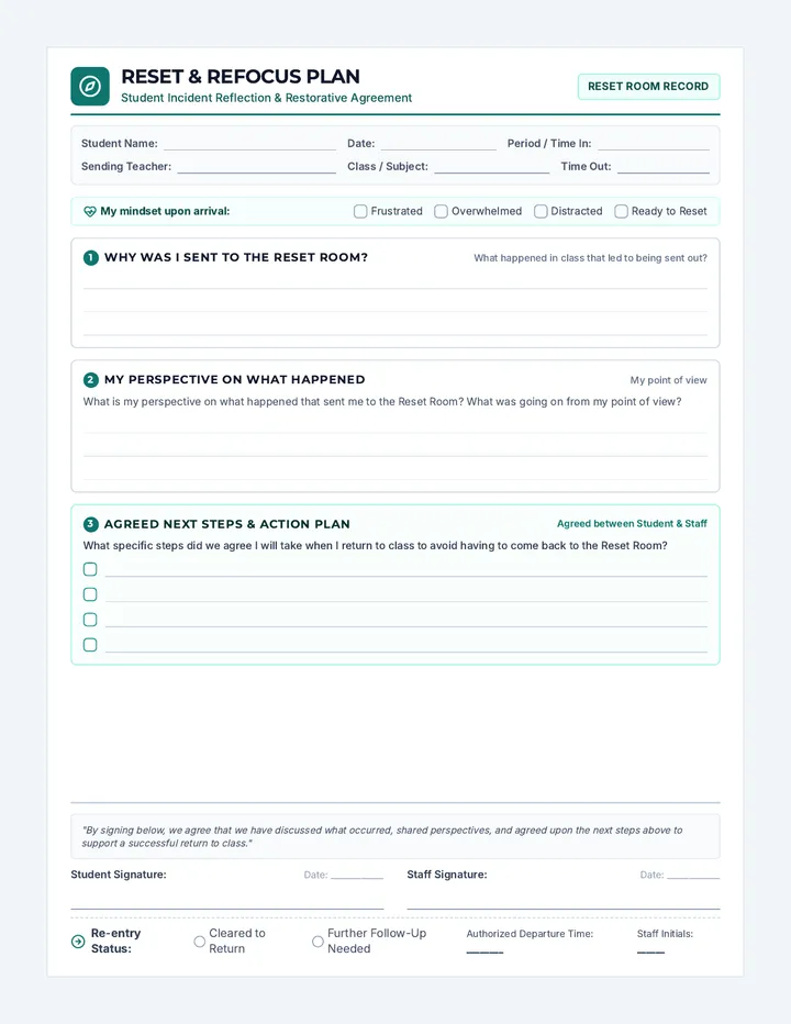 Reset Refocus Reflection Sheet