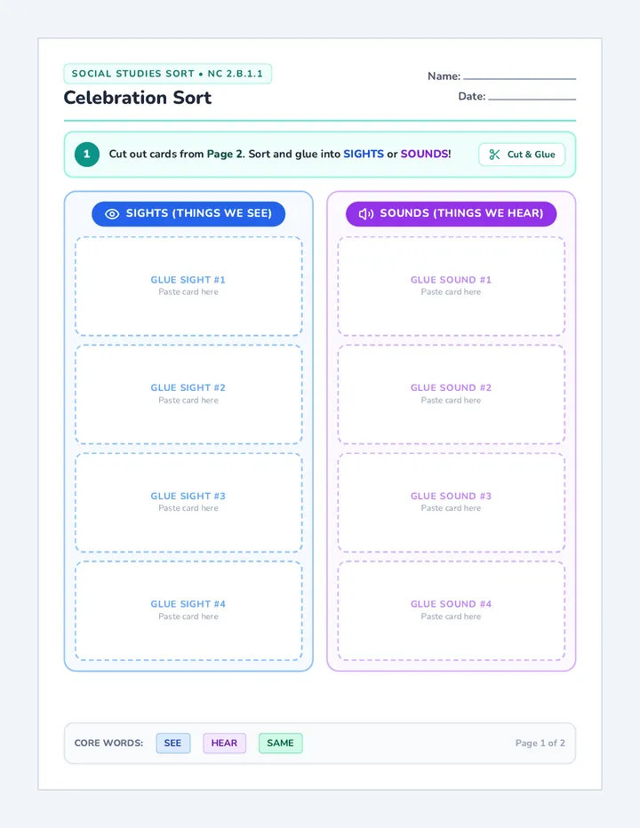 Celebration Sort Worksheet
