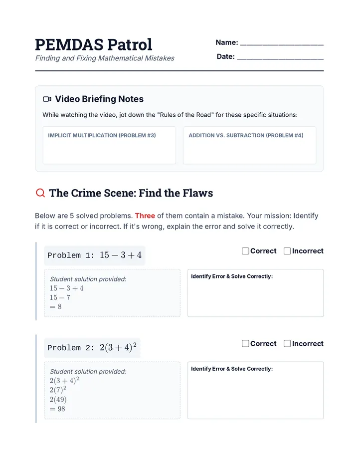 PEMDAS Patrol Worksheet
