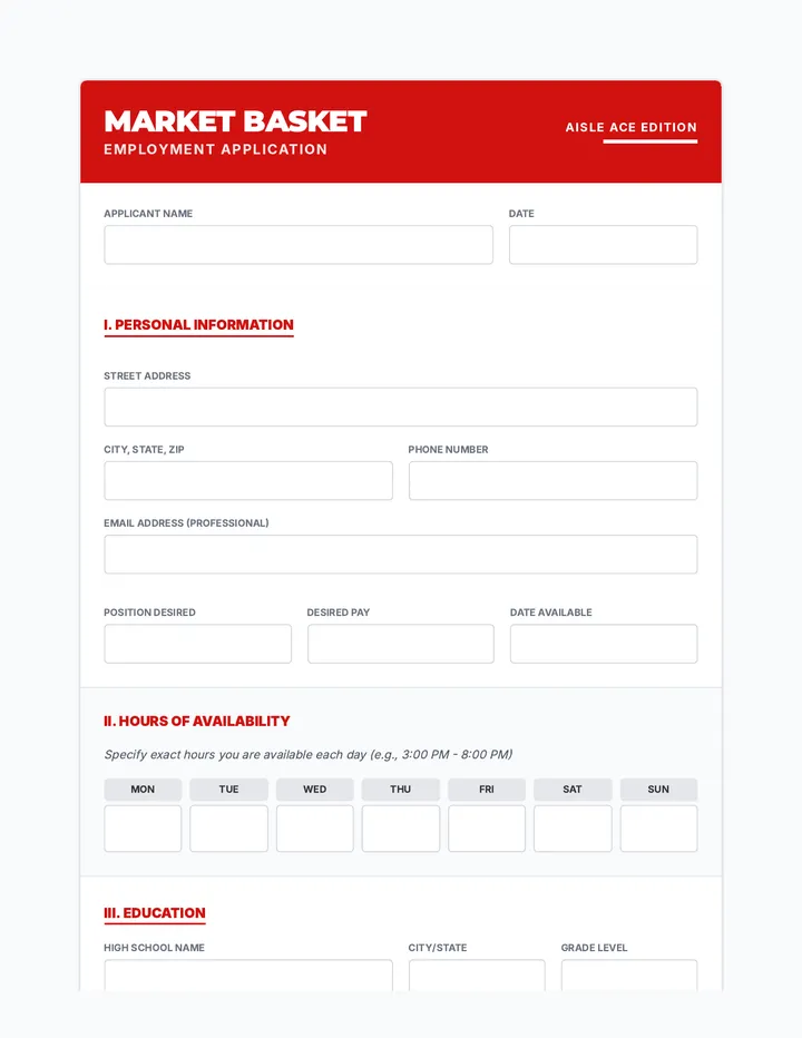 Aisle Ace Application Worksheet