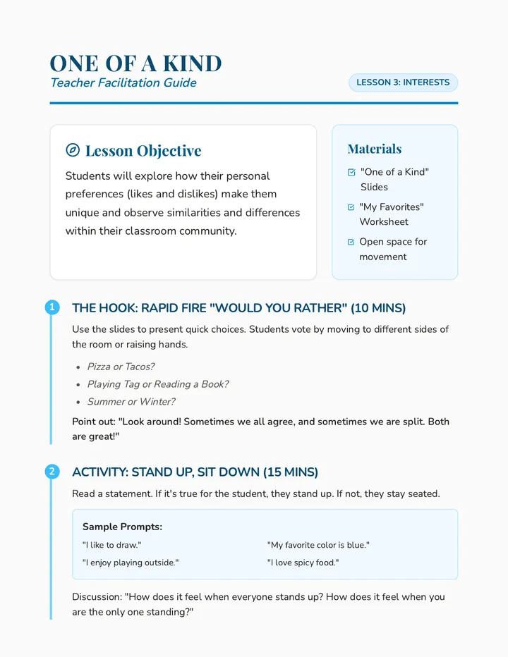 One of a Kind Teacher Guide