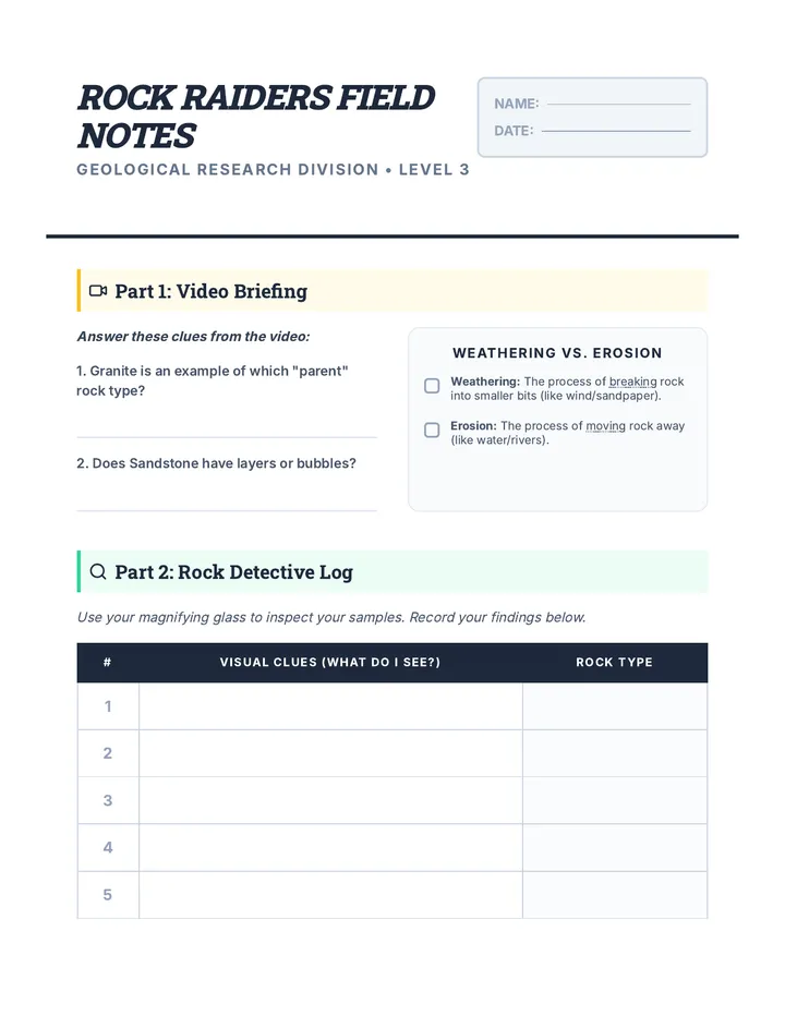 Rock Raiders Field Notes Worksheet