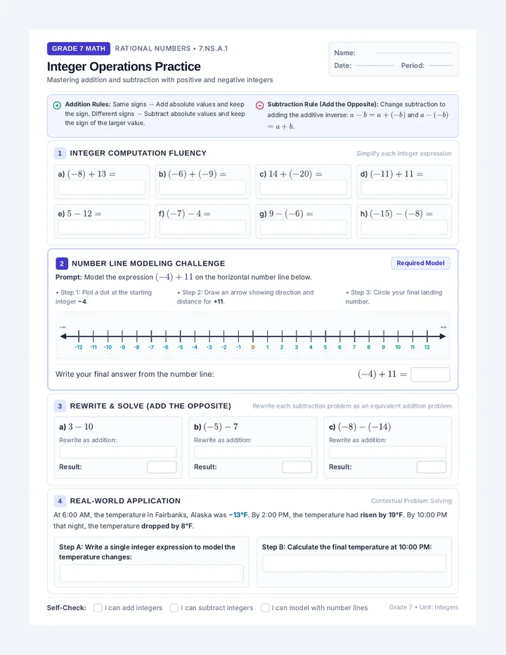 Integer Operations Practice Worksheet