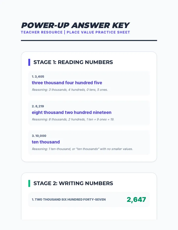 Place Value Answer Key