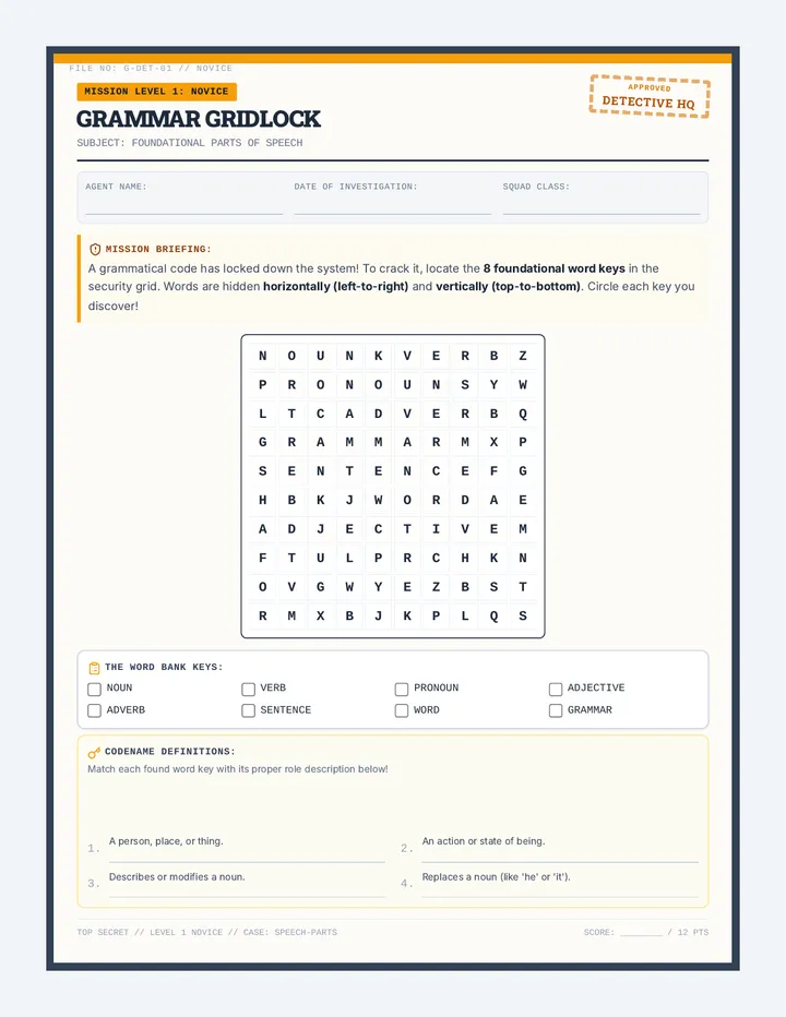Grammar Gridlock Novice Worksheet