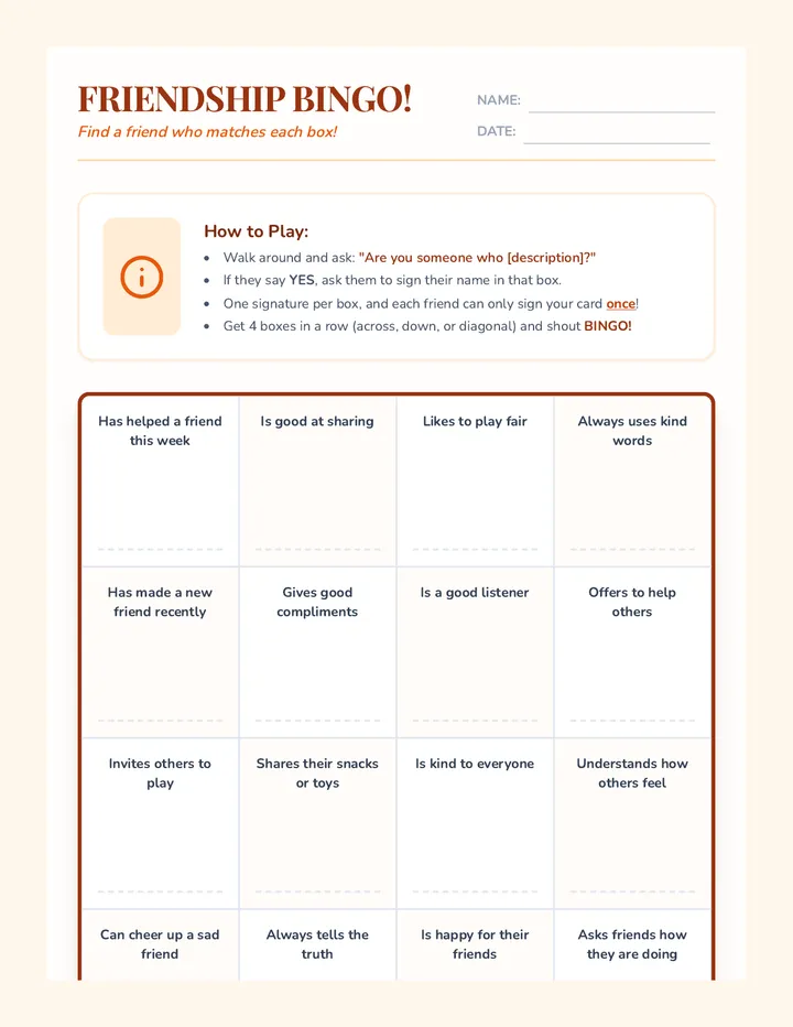 Friendship Bingo Game Worksheet