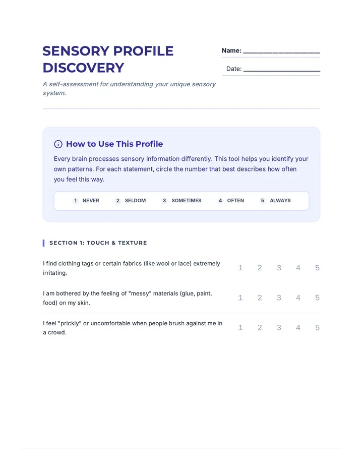 Sensory Profile Discovery Worksheet Plus Score Key