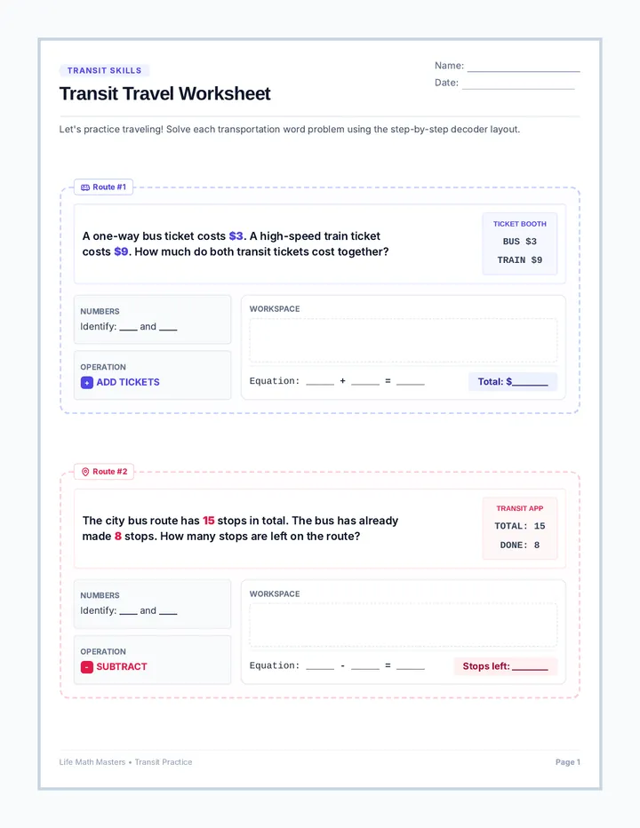 Transit Travel Worksheet