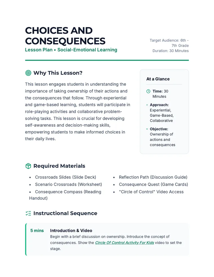 Choices and Consequences Lesson Plan