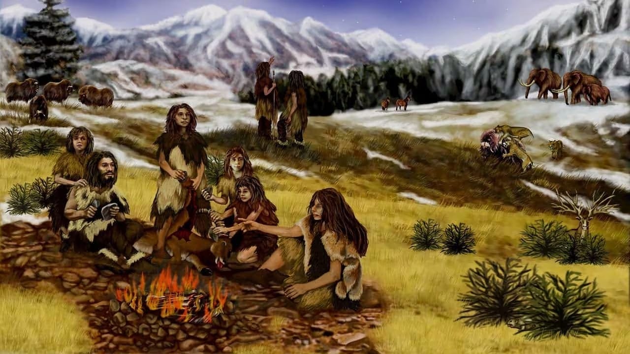 Paleolithic hunter-gatherer band encampment around fire pit