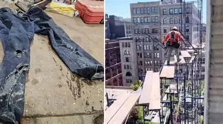 Worker on scaffolding alongside ripped jeans showing a caught-in or fall near-miss incident