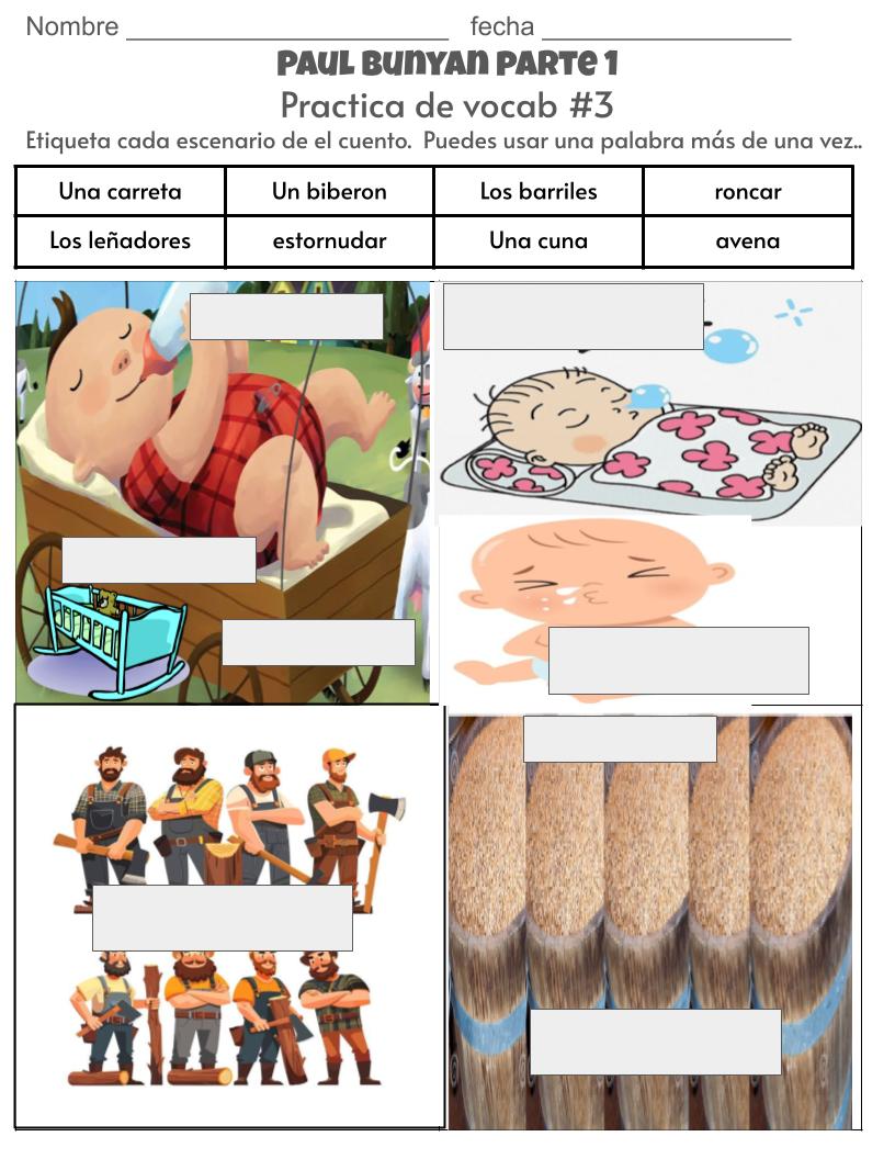 Bebé Paul Bunyan en la carreta con su biberón y la cuna